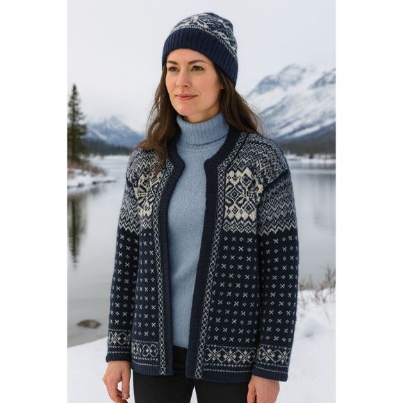 Nordstrikk Blue 100% Wool Norway Fair Isles Open Cardigan Top Women's Size Large - Picture 1 of 11